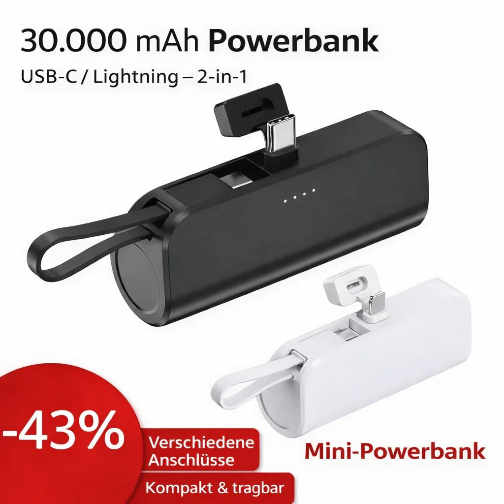 Powerbank 30000 mAh mit integriertem Kabel & Digitalanzeige - XELONI
