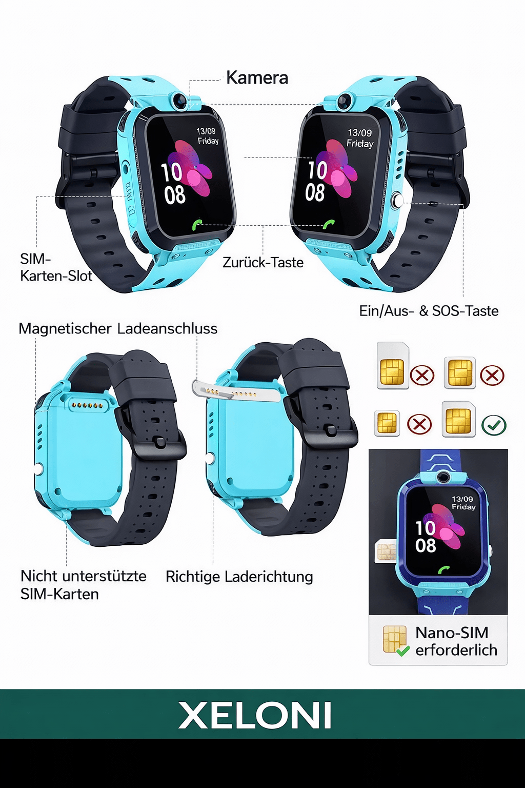 XELONI Kinder - Smartwatch mit GPS, SOS & Telefonfunktion – wasserdicht - XELONI